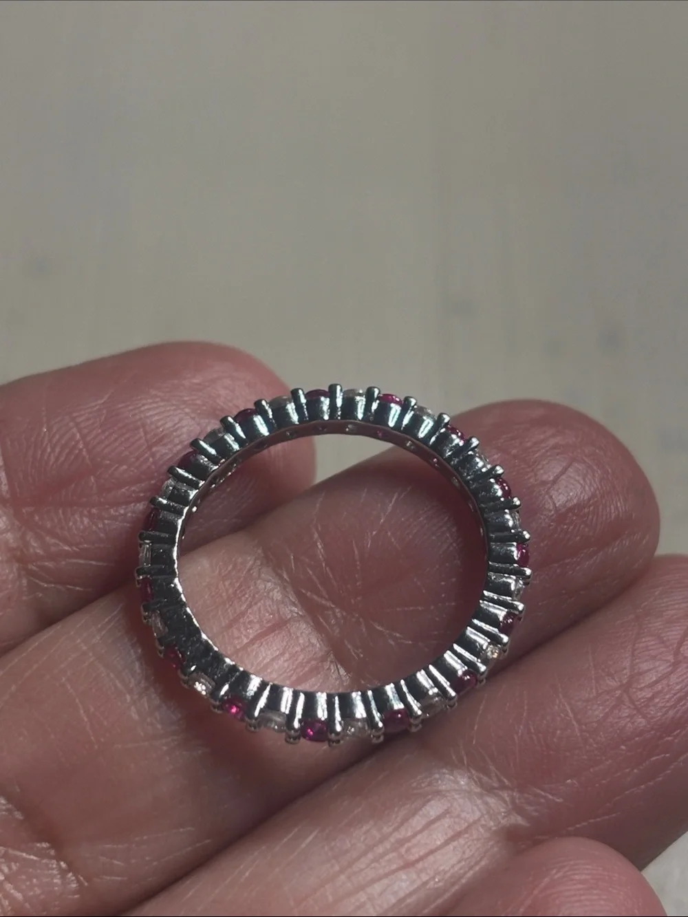 Silver Pink Sapphire Eternity Band Size 7